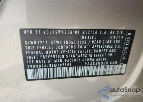 2014 Volkswagen Jetta Se from USA, damaged, VIN 3VWB07AJ8EM287808
